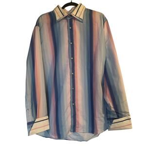 GUC Raw Blue nu realms Men's Striped Dress Shirt Double Collar Cuffs Size Large